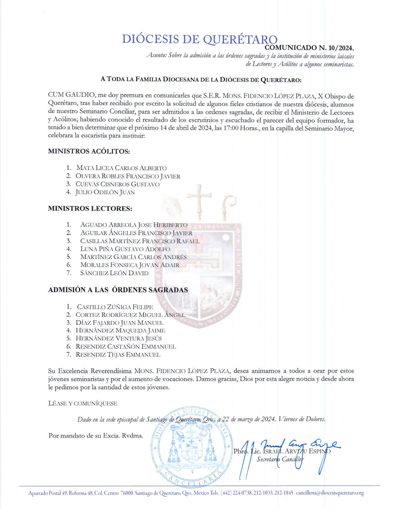 COMUNICADO N. 10/2024. Asunto: Sobre la admisión a las órdenes sagradas y la institución de ministerios laicales de Lectores y Acólitos a algunos seminaristas.